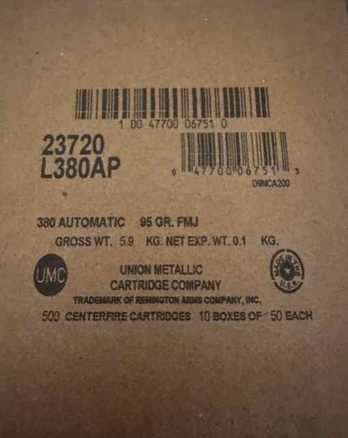 Remington 380 ACP 95 Gr FMJ 500 Round Case