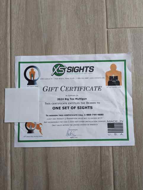 WTS: XS Sights certificate